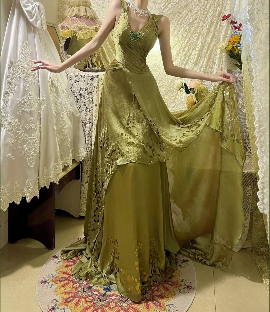 Green Vintage Elegant Butterfly Fashion Long Ruffled Satin Prom Dress Evening Gown Graduation Gown gh4258