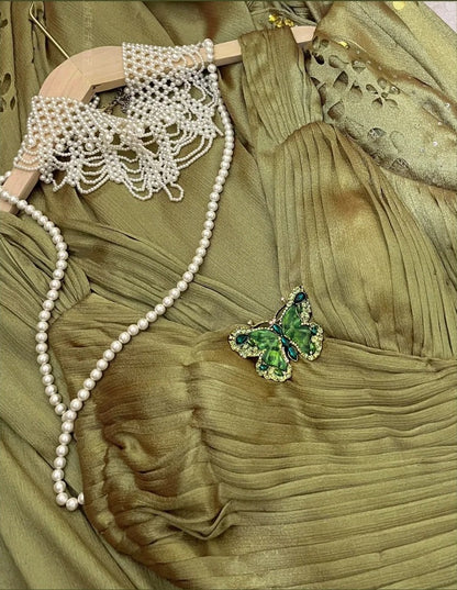 Green Vintage Elegant Butterfly Fashion Long Ruffled Satin Prom Dress Evening Gown Graduation Gown gh4258