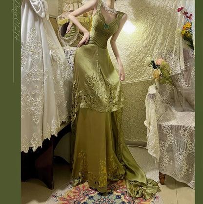 Green Vintage Elegant Butterfly Fashion Long Ruffled Satin Prom Dress Evening Gown Graduation Gown gh4258