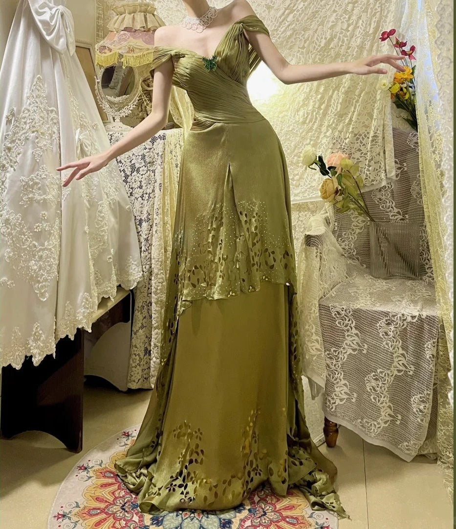 Green Vintage Elegant Butterfly Fashion Long Ruffled Satin Prom Dress Evening Gown Graduation Gown gh4258