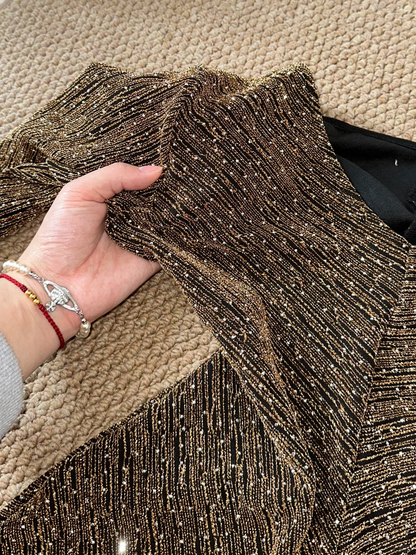 Brown Shiny Sexy Fashion Elegant Long Sleeve Long Sequin Exquisite Beaded Ball Gown Evening Gown Party Dress Prom Gown gh4040