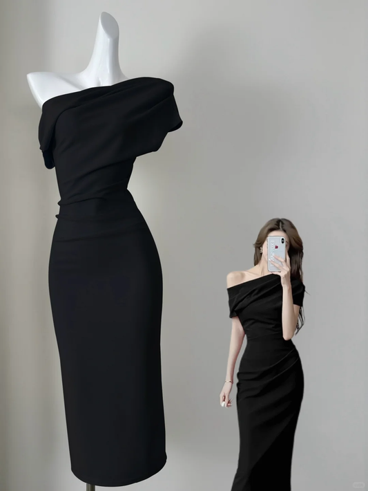 Sexy Black One Shoulder Satin Sheath Party Dress Cocktail Dress  S323