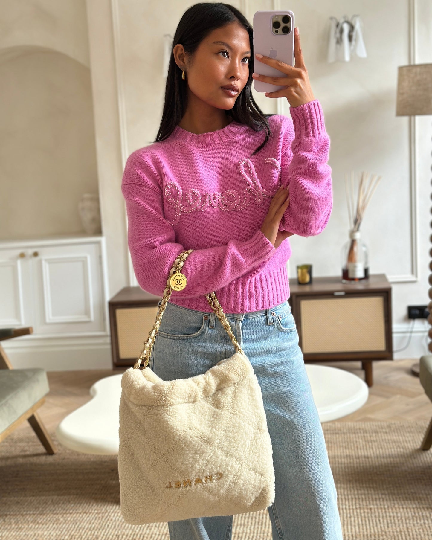 Chanel 24/K Beige Large 22 Shearling Bag with Champagne Gold Hardware