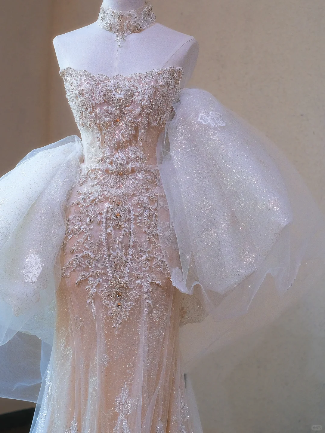 Classy Champagne Strapless Tulle Lace Appliques Mermaid Long Wedding Dress Bridal Dress S911