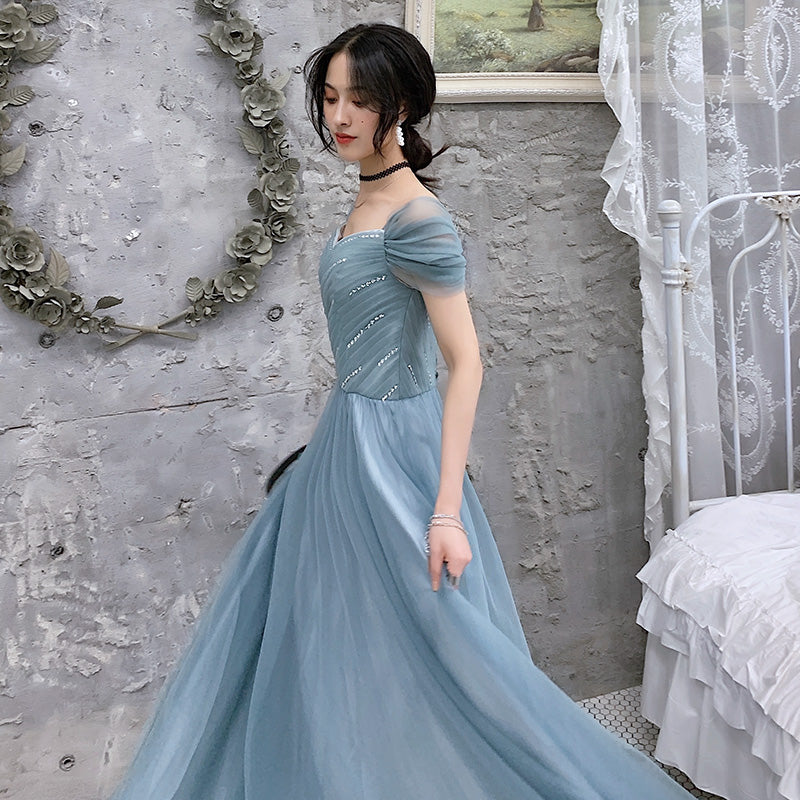 Blue tulle long prom dress, evening dress B304