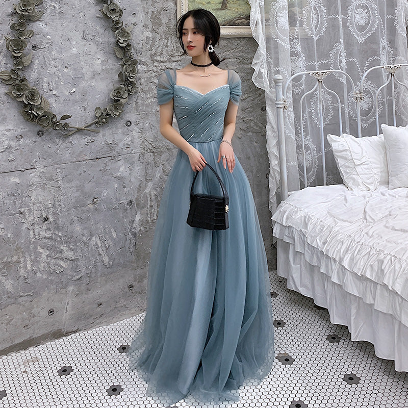 Blue tulle long prom dress, evening dress B304