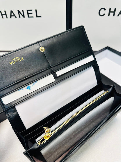 Prada Long Leather Wallet In Black 19x10cm