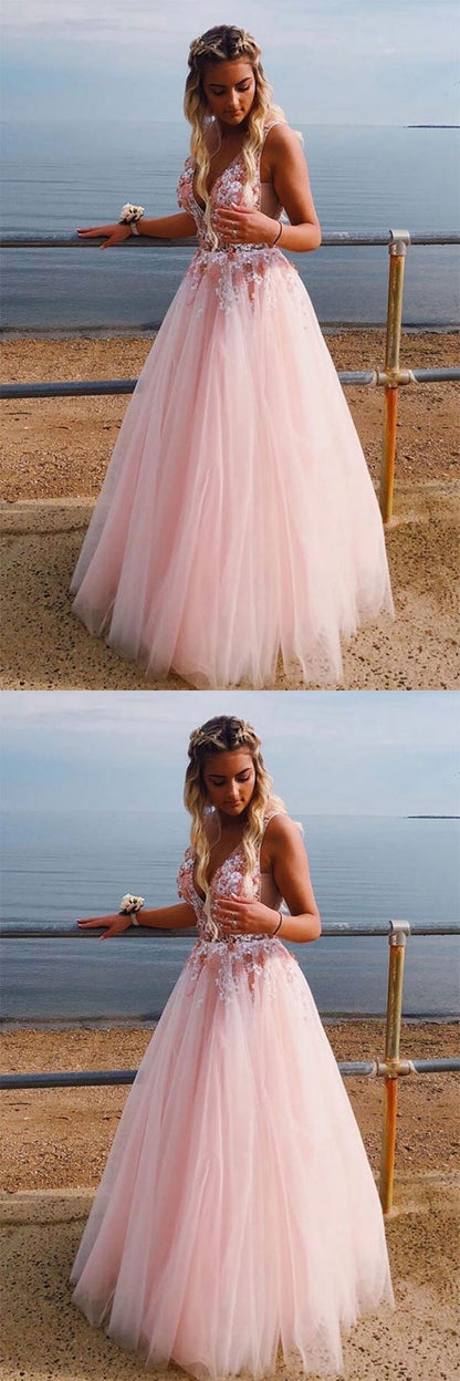 Pink v neck tulle lace long prom dress, pink tulle evening dress B458