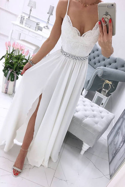 White v neck chiffon lace long prom dress, white formal dress B493