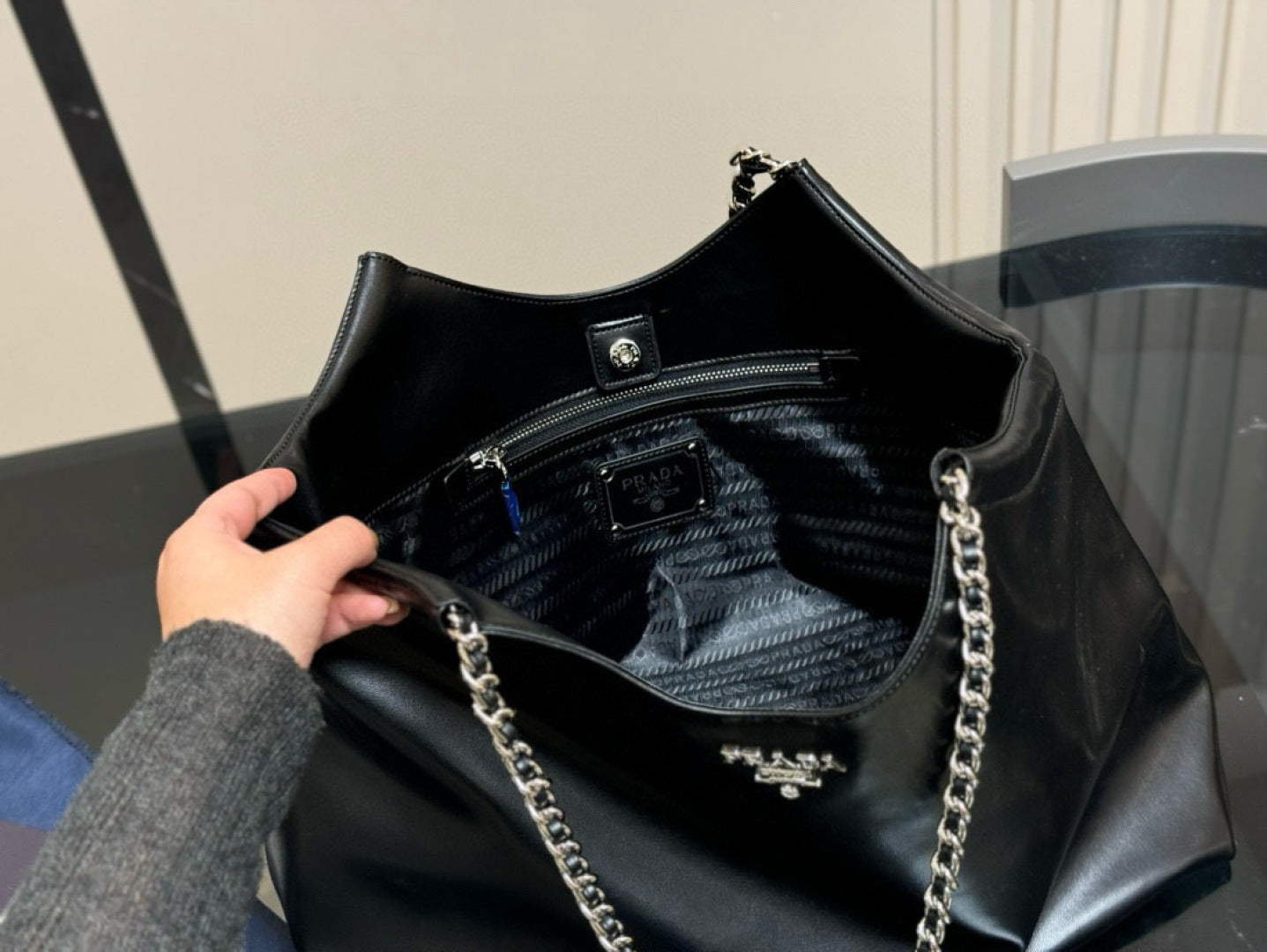 Prada Double Chain Black Shoppping Tote Bag 39x30cm