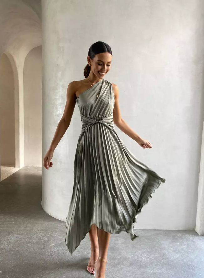 Elegant A Line One Shoulder Pleated Sage Green Satin Bridesmaid Dress Evening Dress SH3056