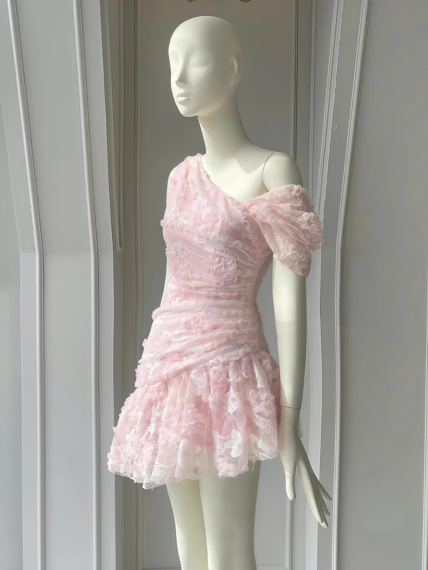 Cute Sheath One Shoulder Pink Lace Short Satin Formal Homecoming Dresses Party Graduation Dress Hoco Dresses DH2777