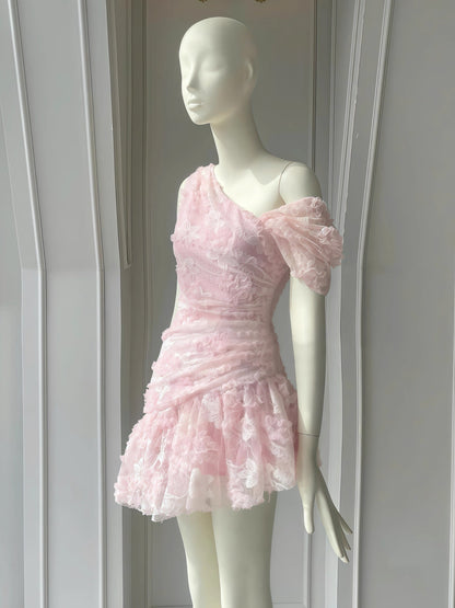 Cute Sheath One Shoulder Pink Lace Short Satin Formal Homecoming Dresses Party Graduation Dress Hoco Dresses DH2777