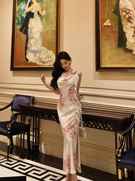 Sexy Sheath Swing Collar Floral Pink 18th Birthday Dress Holiday Party Birthday Outfits For Women DP0163