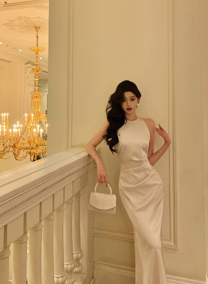 Sexy Mermaid Halter White Satin 18th Birthday Dress Ankle Length Party Birthday Outfits For Women DP0162