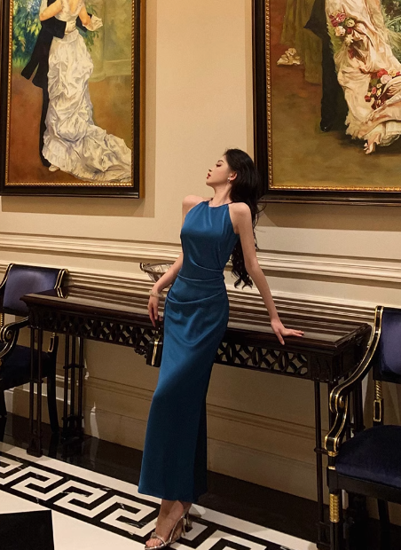 Pretty Mermaid Halter Navy Blue Satin 18th Birthday Dress Party Birthday Outfits For Women DP0167