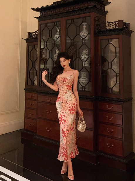 Sexy Mermaid Spaghetti Straps Floral Pink 18th Birthday Dress Holiday Party Birthday Outfits For Women DP0161