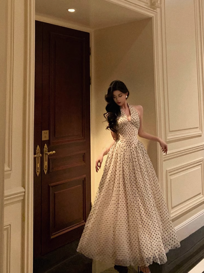 Sexy A line Halter Polka Dot Halter Neck 18th Birthday Dress Long Party Birthday Outfits For Women DP0160