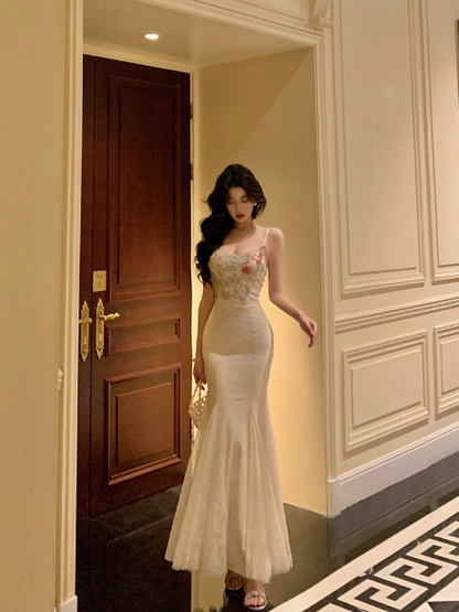 Sexy Mermaid Spaghetti Straps White Floral 18th Birthday Dress Long Party Birthday Outfits For Women DP0159