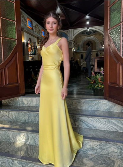 Simple Yellow A Line Spaghetti Strap Satin Date Dress Prom Dress Evening Dress Outfits SH3887