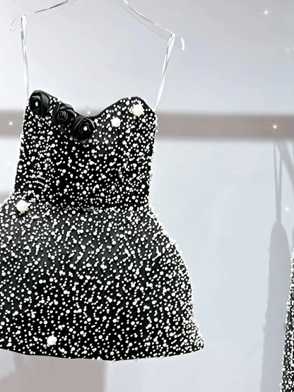 Gorgeous Strapless Black Satin Pearls Mini Birthday Outfits A Line Homecoming Dress S407