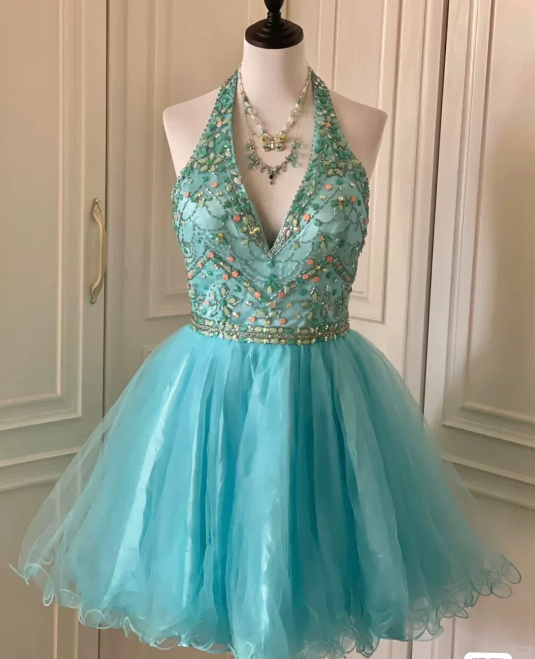 Vintage Blue Tulle Beaded Sleeveless A Line Birthday Dress Homecoming Dress S541