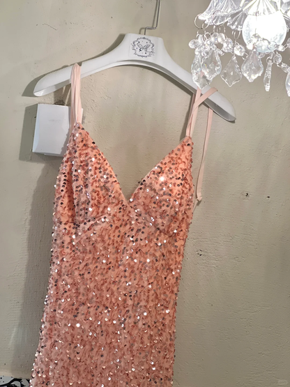 Shiny Orange Mermaid Spaghetti Strap Sequin Open Back Evening Dress Prom Dress SH3845