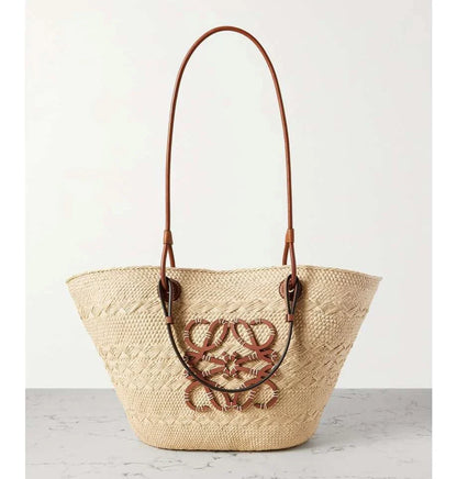 LOEWE + Paula's Ibiza medium leather-trimmed woven raffia tote