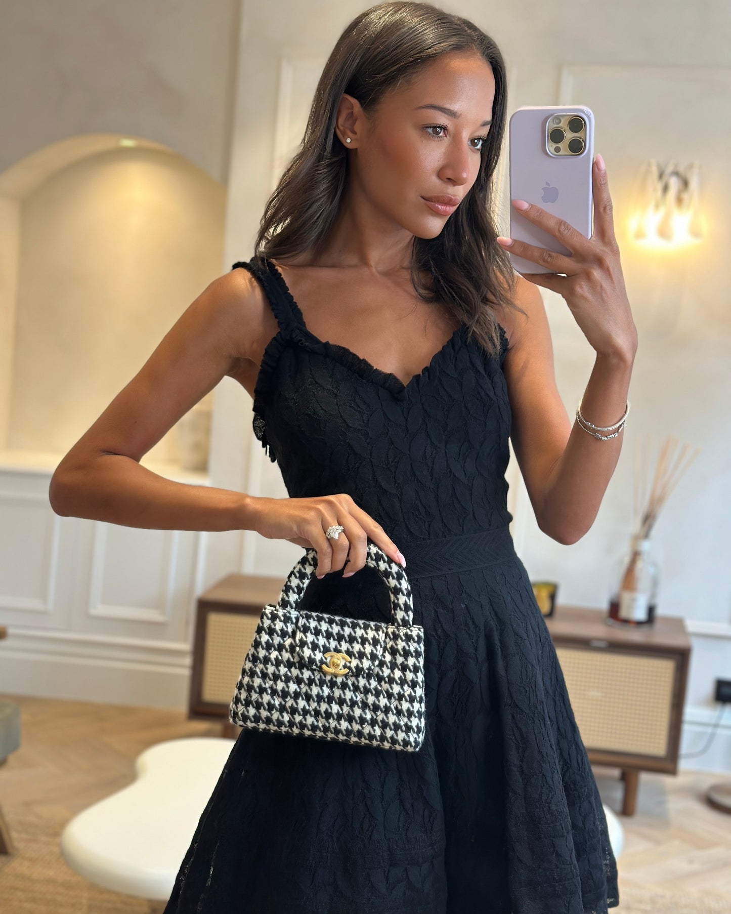 *HOT* Chanel Small Kelly Shopping Bag in Black & White Wool Houndstooth with Brushed Antique Gold Hardware