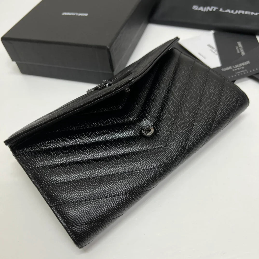 YSL Long Wallet Black Leather Black Tone 10767 19cm