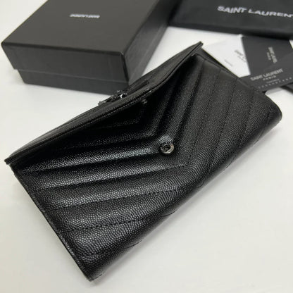 YSL Long Wallet Black Leather Black Tone 10767 19cm