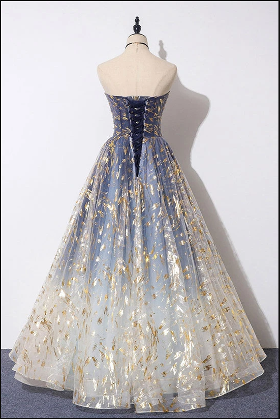 Unique A Line Strapless Blue Ombre Tulle Long Prom Dress Evening Dress B96