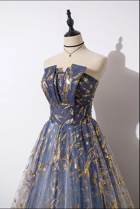 Unique A Line Strapless Blue Ombre Tulle Long Prom Dress Evening Dress B96