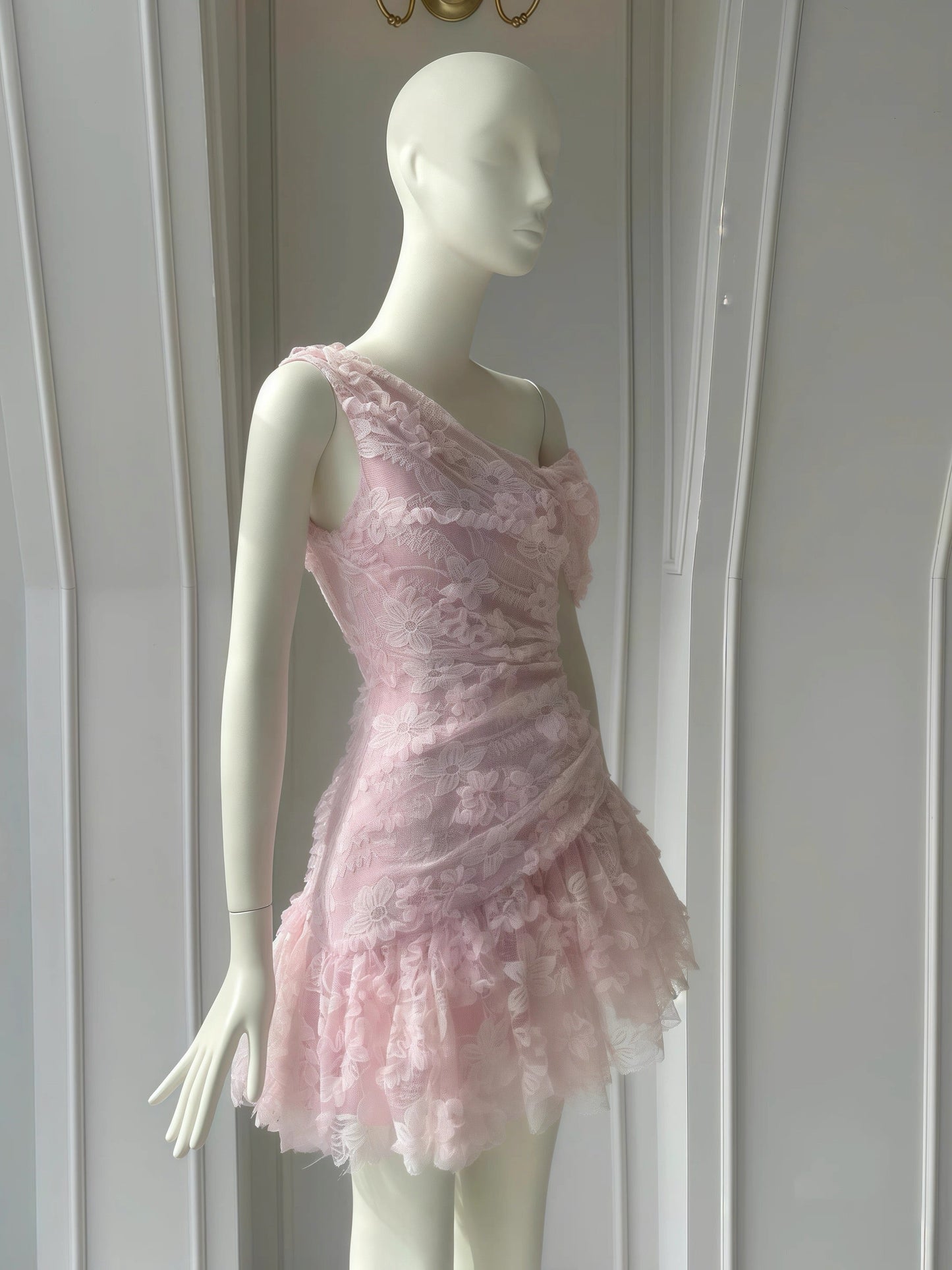 Cute Sheath One Shoulder Pink Lace Short Satin Formal Homecoming Dresses Party Graduation Dress Hoco Dresses DH2777