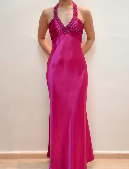 Hot Pink Mermaid V Neck Beaded Satin Open Back Prom Dress Evening Dress SH2056