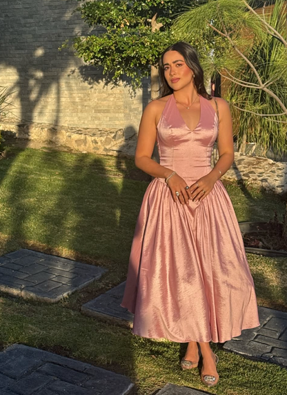 Cute A Line Halter Pink Satin Open Back Prom Dress Graduation Prom Dress SH2468