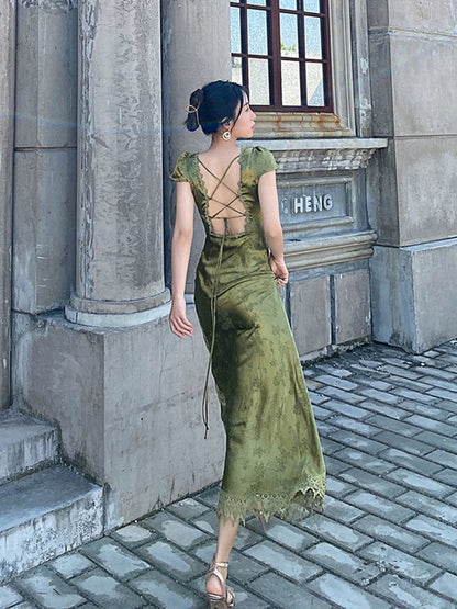 Sexy Mermaid V Neckline Short Sleeves Lace Green Floor Length Evening Dress Prom Dresses SD1604