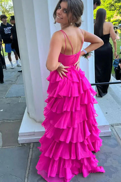Hot Pink Spaghetti Straps Tiered Long Prom Dress gh2790