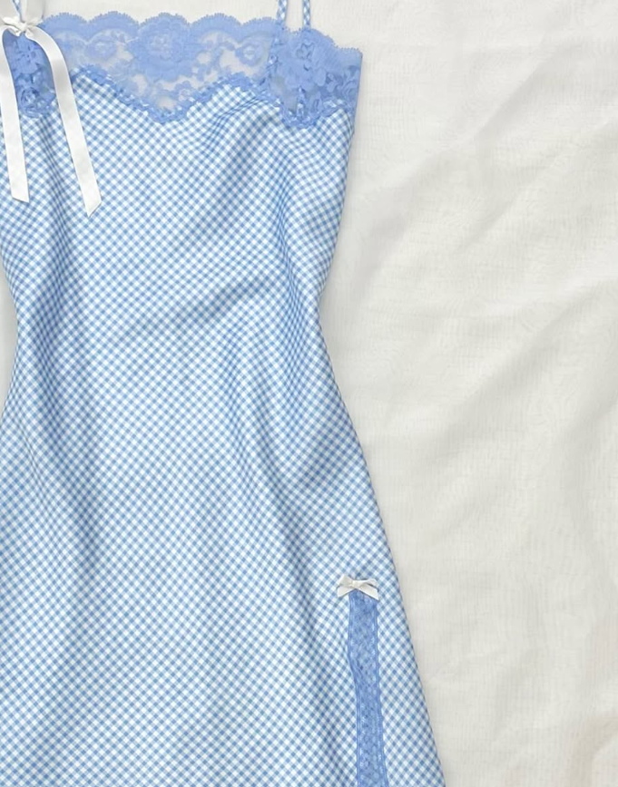 Blue Lattice A Line Spaghetti Strap Lace Satin Short Homecoming Dress Birthday Dress Outfits SH3542