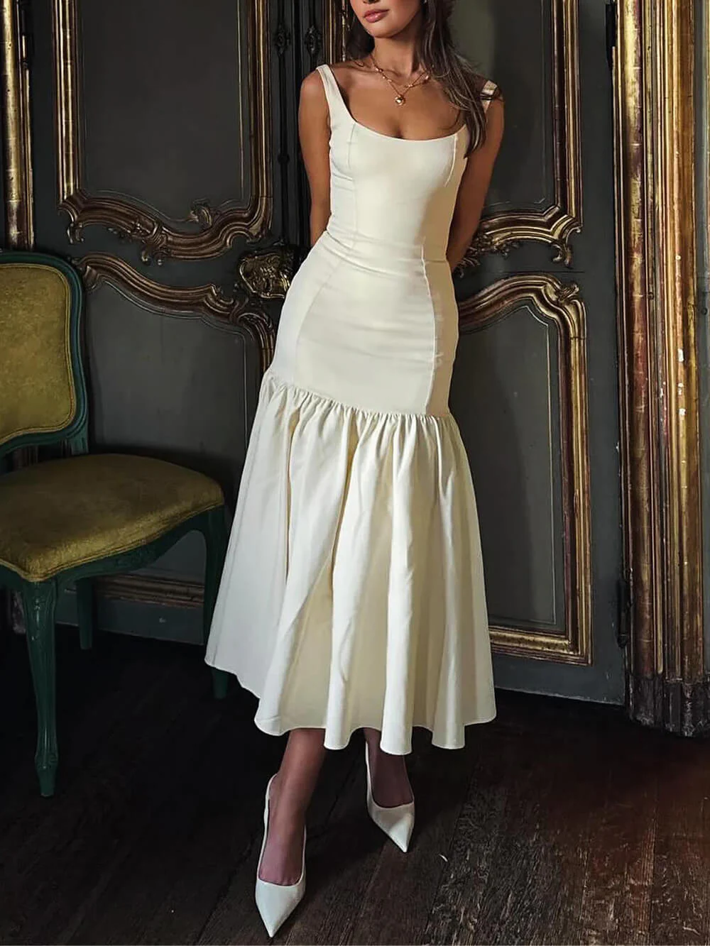 Vintage Mermaid Square Neckline White Ruffles Long Prom Dress Formal Dresses P2476