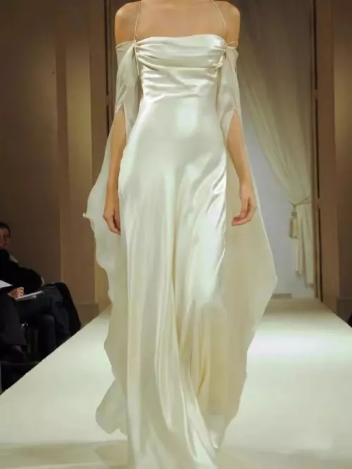 Vintage A line Strapless Long Sleeves White Silk Satin Backless Wedding Dresses P1278