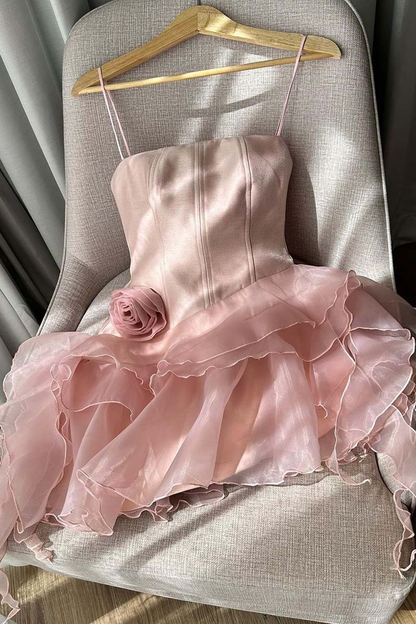 Charming Pink Spaghetti Straps Tulle Satin A-Line Mini Homecoming Dress Short Party Dress S663