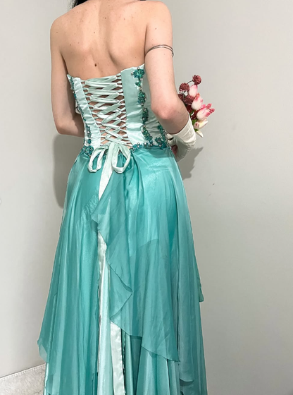 Blue Ombre Vintage A Line Sweetheart Neck Appliques Satin Chiffon Prom Dress Evening Dress SH2540