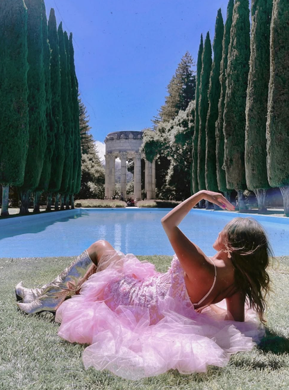 Princess Mermaid V Neck Corset Appliques Pink Tulle Prom Dress Evening Dress SH2165