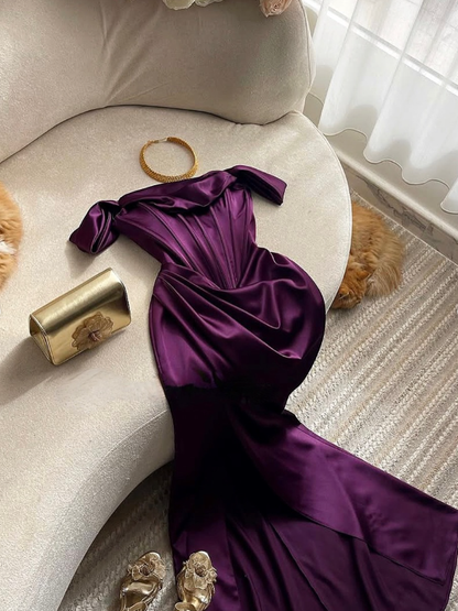 Elegant Mermaid Off the Shoulder Corset Burgundy Satin Prom Dress Evening Dress SH2141