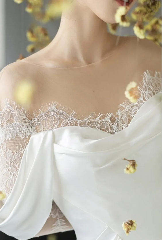 Gentle White A Line Long Sleeve Sequin Lace Satin Evening Dress Party Dress Wedding Dress SH3476