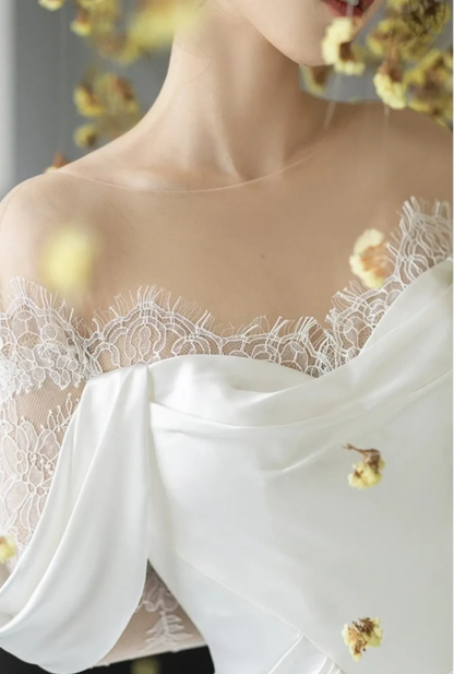 Gentle White A Line Long Sleeve Sequin Lace Satin Evening Dress Party Dress Wedding Dress SH3476