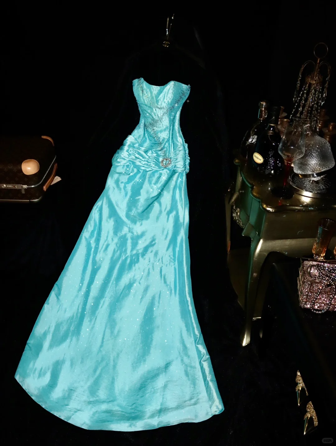 Vintage Mermaid Sweetheart Neck Beaded Blue Satin Long Prom Dress Evening Dress SH3160