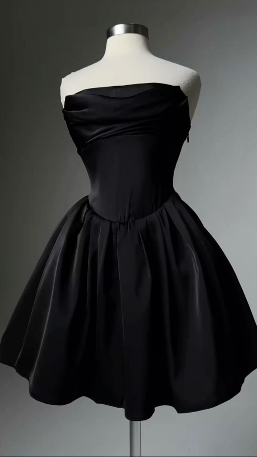 Classy Black Strapless Satin A Line Short Homecoming Dress Cocktail Dress S869