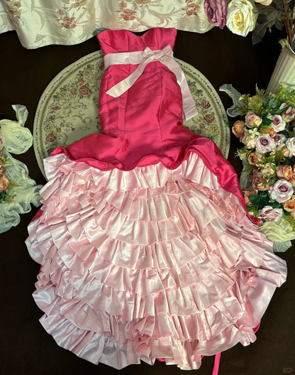 Vintage Pink Mermaid Sweetheart Neck Bow Satin Long Sweep Prom Dress Evening Dress SH3702